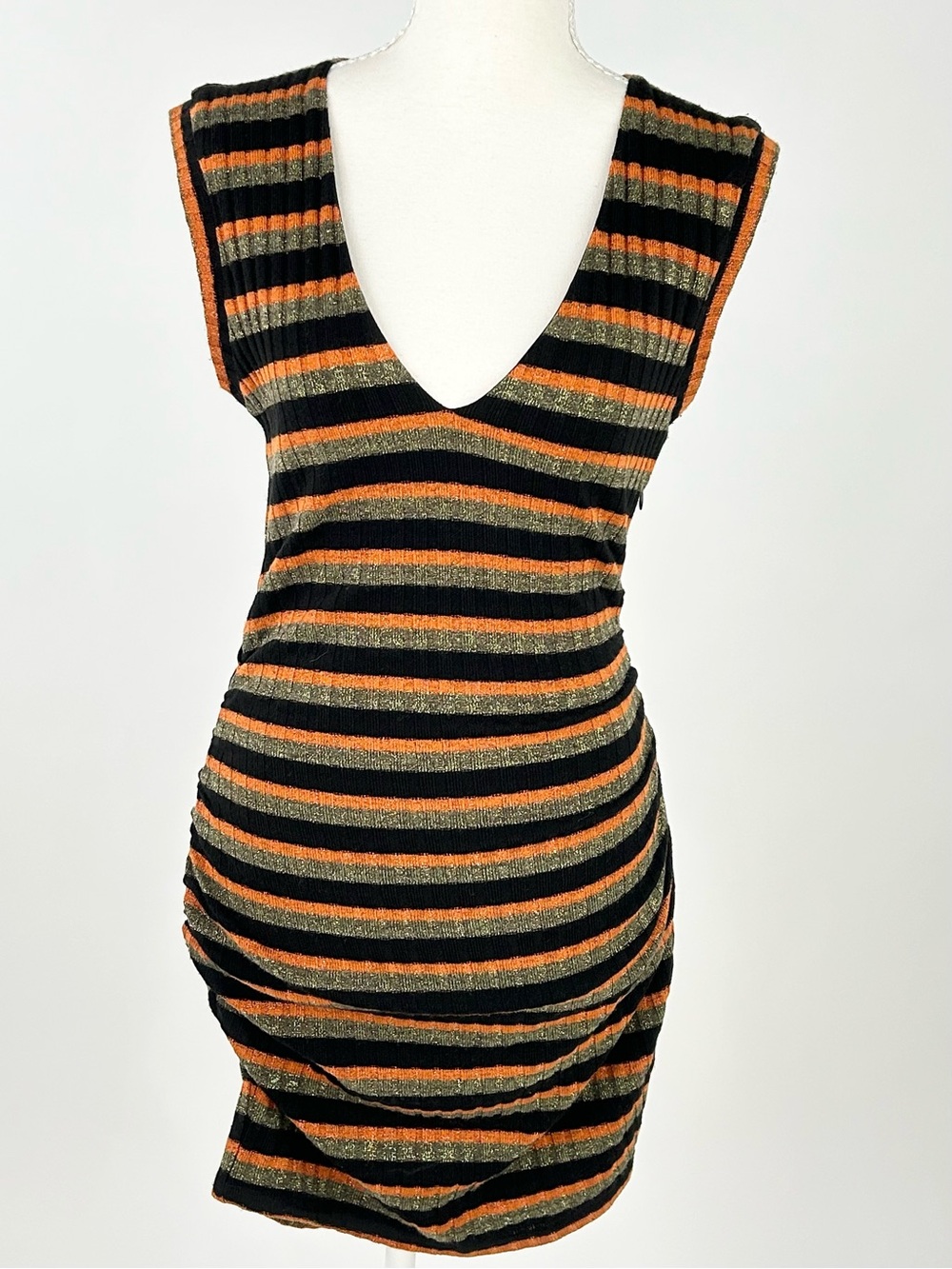 Ramy Brook Metallic Stripe Ruched Bodycon Dress S Black Orange Gold